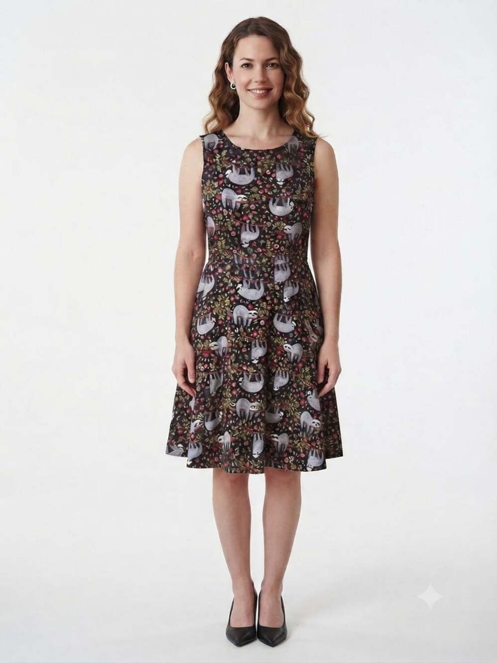 LA SOUL Sleeveless Sloth and Floral Print A-Line Dress